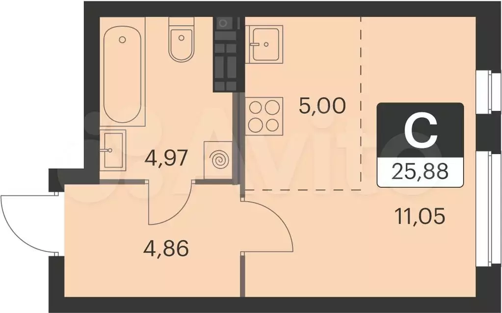 Квартира-студия, 25,9 м, 9/15 эт. - Фото 0