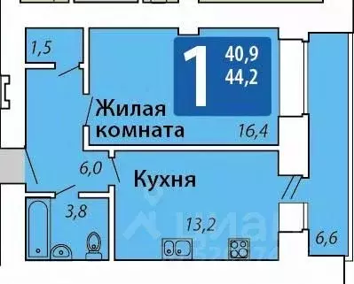 1-к кв. Чувашия, Чебоксары ул. Мирона Ефимовича Ефимова, 1 (44.2 м) - Фото 1