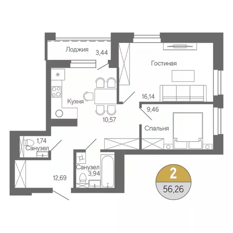2-к кв. Башкортостан, Стерлитамак ул. Ботаническая, 10 (56.26 м) - Фото 1