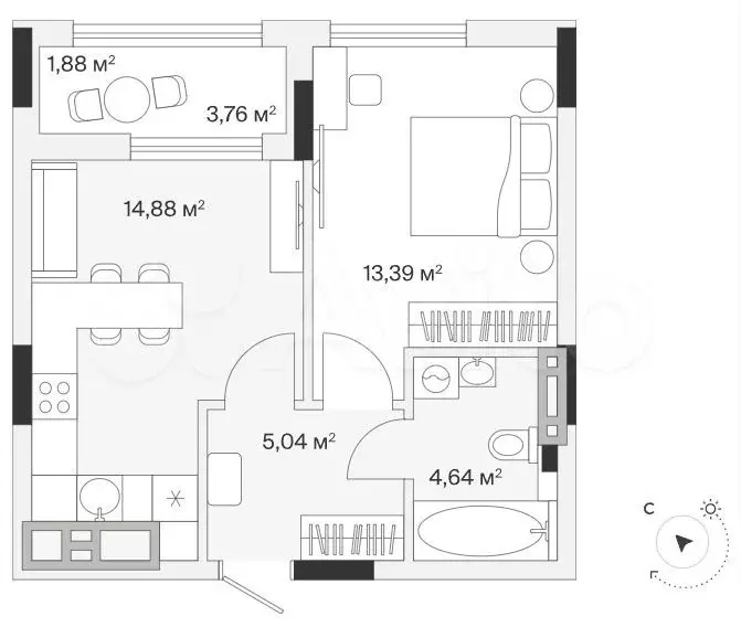 1-к. квартира, 40 м, 7/7 эт. - Фото 1