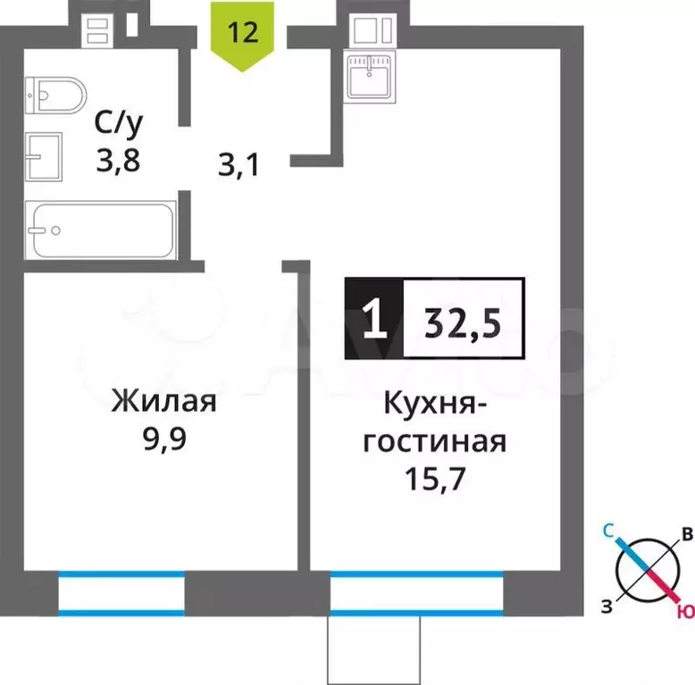 1-к. квартира, 32,5 м, 3/9 эт. - Фото 0