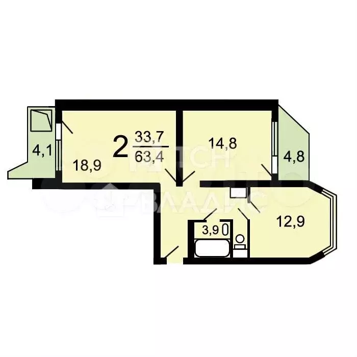 Доля в 2-к. квартире, 61 м, 10/14 эт. - Фото 0