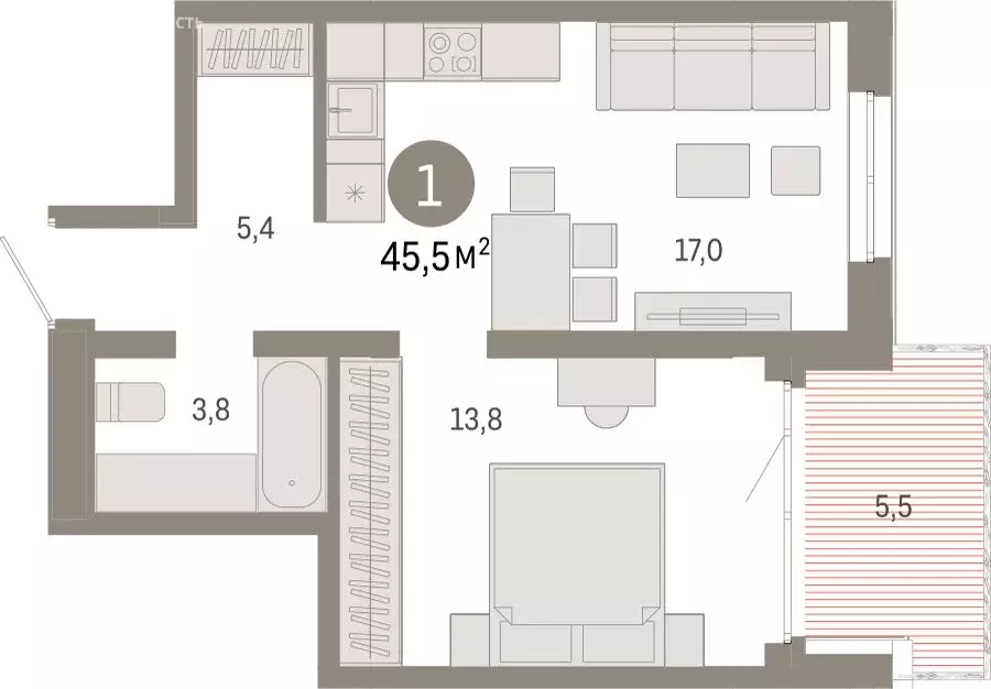 1-комнатная квартира: Екатеринбург, улица Советских Женщин (45.5 м) - Фото 1