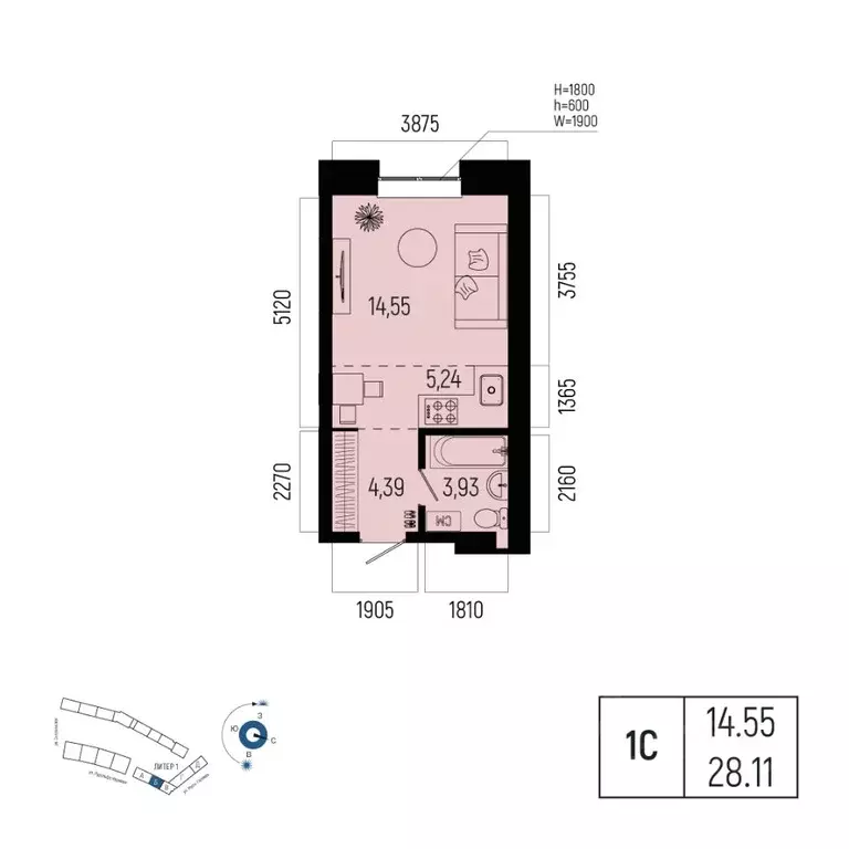 1-к кв. Башкортостан, Уфа Глумилино-1 мкр, Новатор жилой комплекс ... - Фото 1