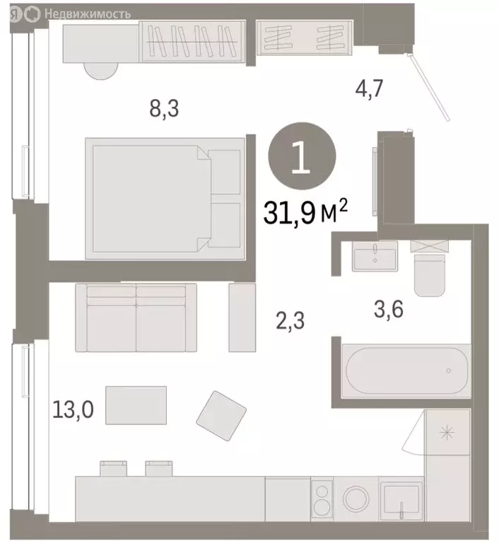 1-комнатная квартира: Тюмень, жилой комплекс Зарека (31.88 м) - Фото 1