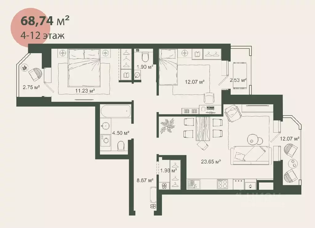 2-к кв. Астраханская область, Астрахань ул. Трофимова, 1 (68.74 м) - Фото 0