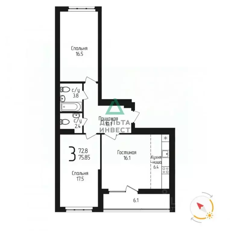 3-к кв. Башкортостан, Уфа ул. Бородинская, 19/1 (75.85 м) - Фото 2