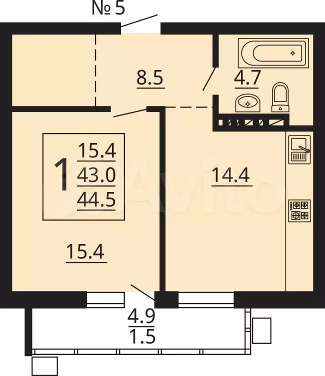 1-к. квартира, 44,5 м, 8/8 эт. - Фото 0