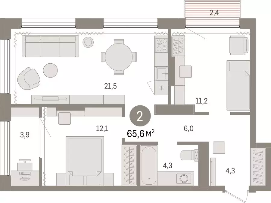 2-комнатная квартира: Тюмень, Краснооктябрьская улица, 4к3 (65.57 м) - Фото 1