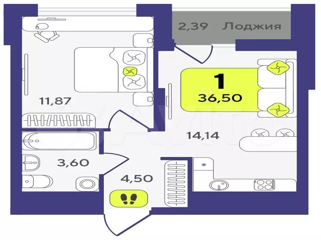 1-к. квартира, 36,5 м, 2/19 эт. - Фото 1