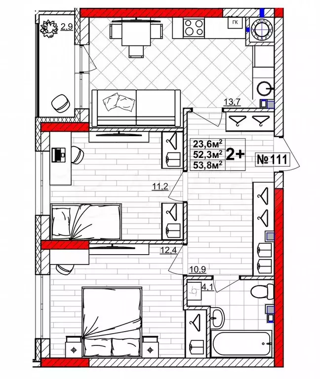 2-к. квартира, 53,8 м, 1/4 эт. - Фото 0