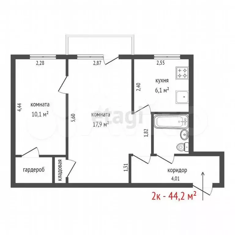2-к. квартира, 44,2 м, 2/5 эт. - Фото 0