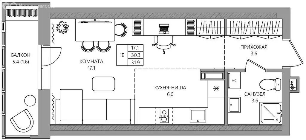 Квартира-студия: Пермь, Батумская улица, 21 (31.9 м) - Фото 1
