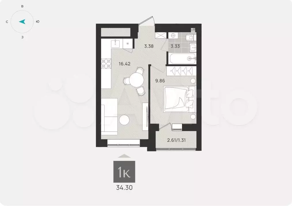 1-к. квартира, 34,3 м, 7/9 эт. - Фото 1