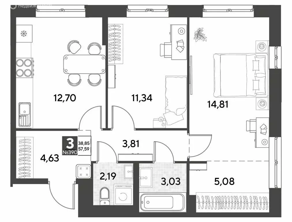 3-комнатная квартира: Калуга, улица Болдина, 22/1 (57.59 м) - Фото 0