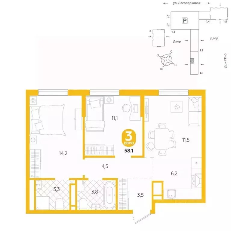 2-к кв. Тюменская область, Тюмень ул. Лесопарковая, 22 (58.1 м) - Фото 0
