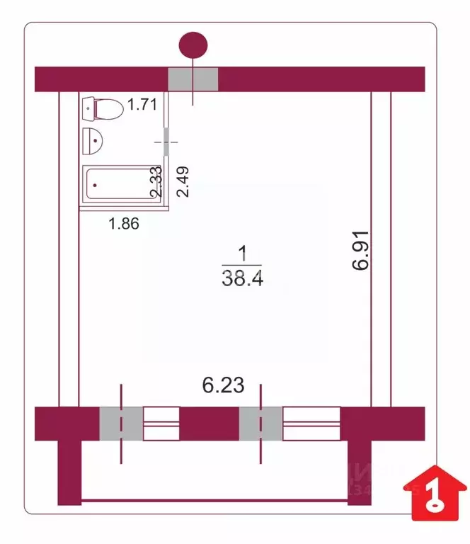 Студия Омская область, Омск ул. Перелета, 32 (42.4 м) - Фото 1