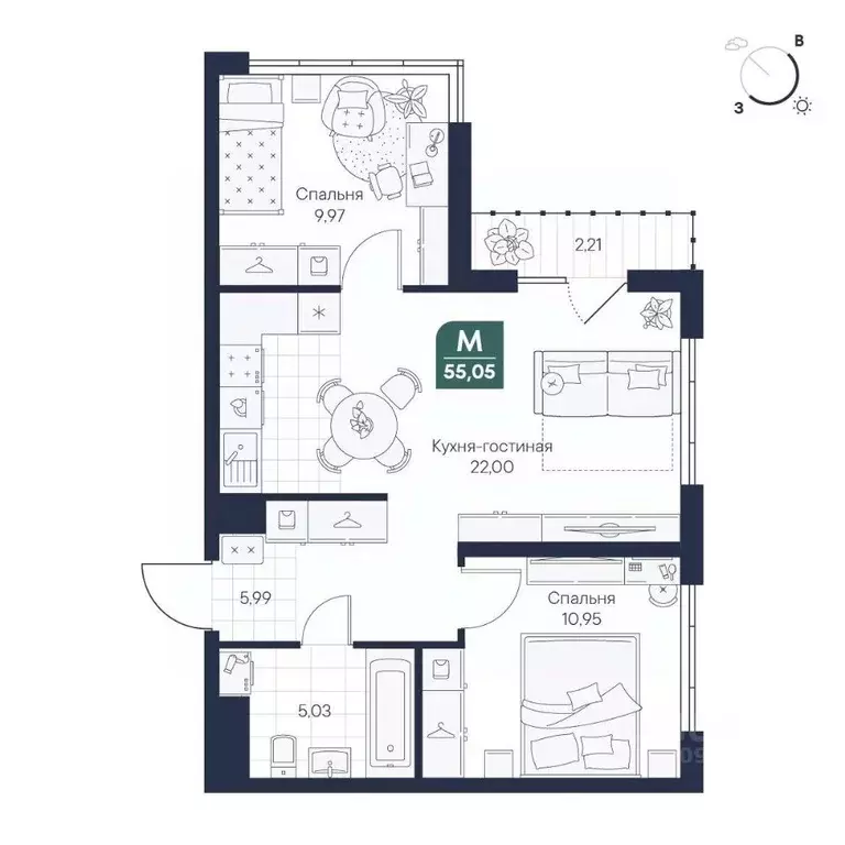 2-к кв. Новгородская область, Великий Новгород Медь кв-л,  (55.05 м) - Фото 1