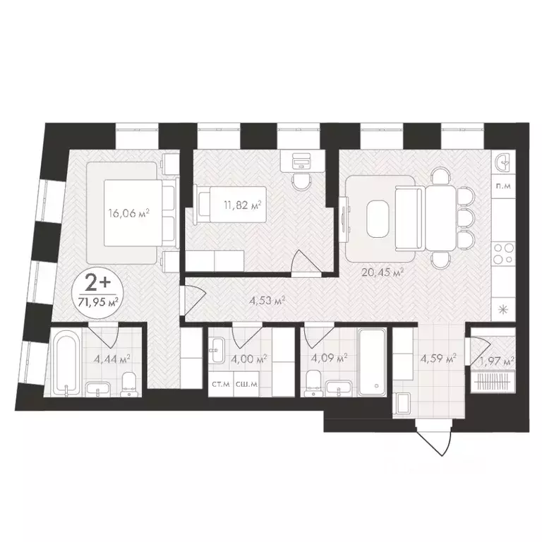 2-к кв. Башкортостан, Уфа Южный-2 мкр,  (71.95 м) - Фото 1