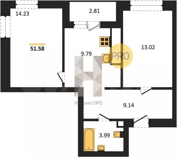 2-к. квартира, 51,6 м, 1/9 эт. - Фото 1