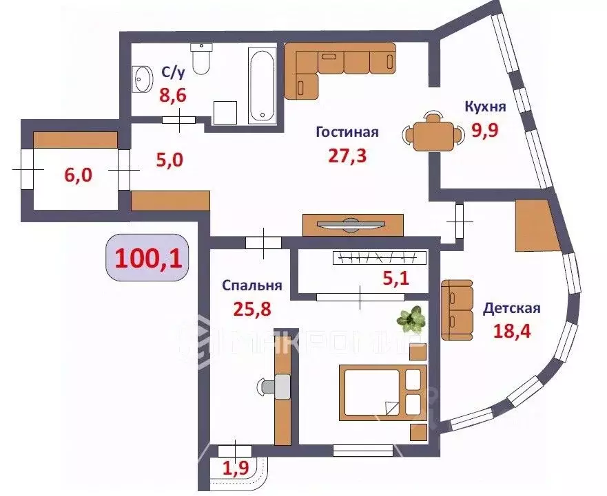 3-к кв. Кировская область, Киров ул. Маклина, 7 (100.1 м) - Фото 1