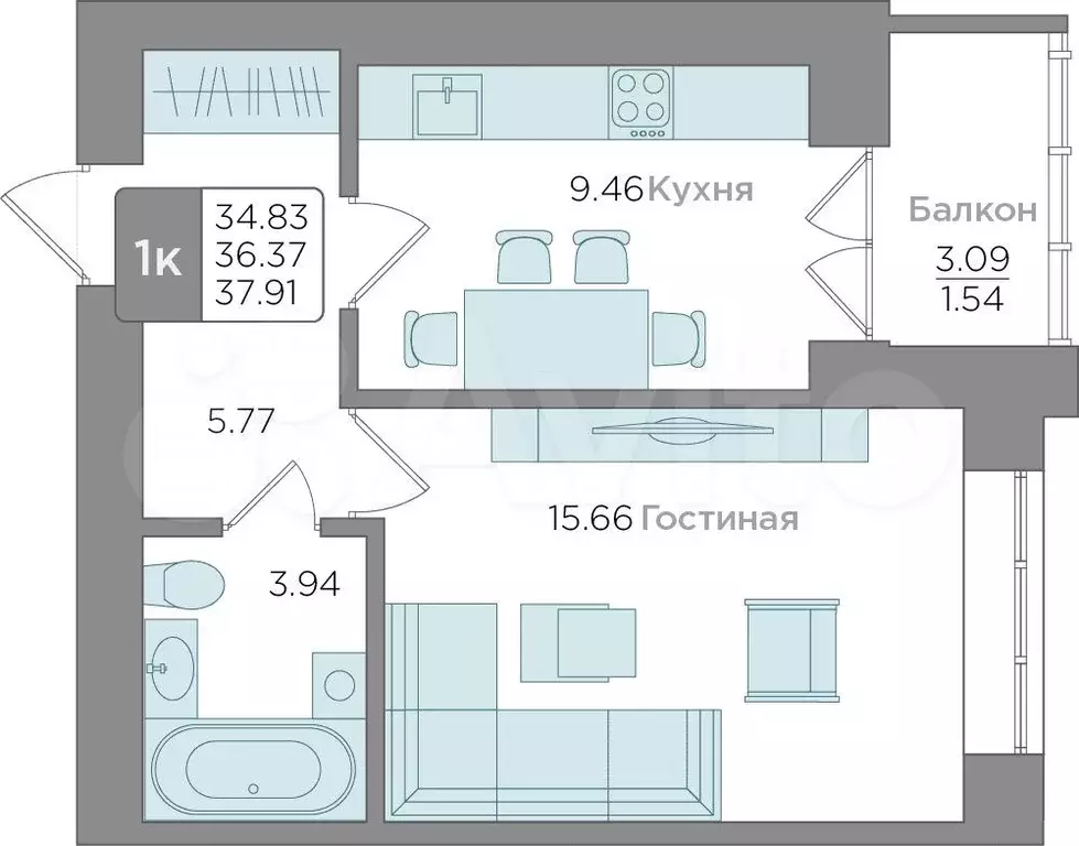 1-к. квартира, 36,4 м, 7/9 эт. - Фото 0