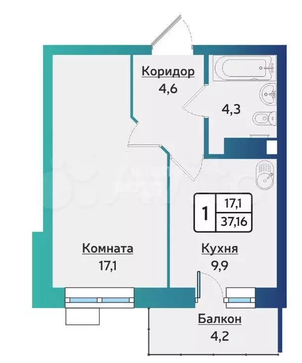 1-к. квартира, 36 м, 6/17 эт. - Фото 0