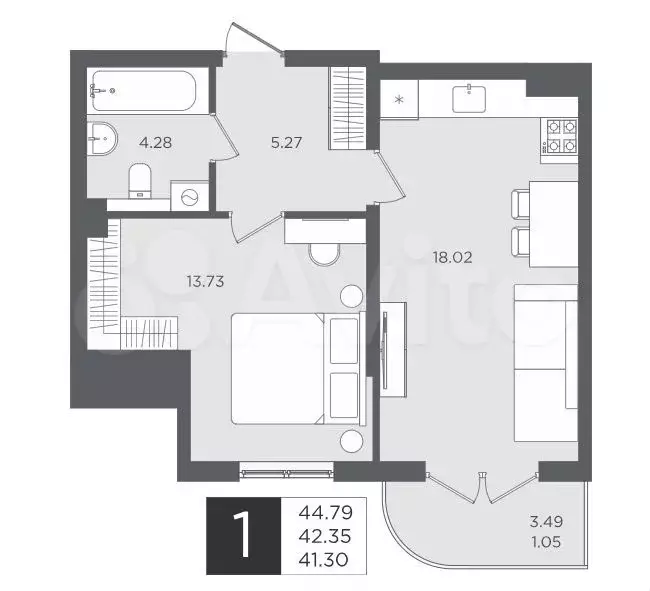 1-к. квартира, 44,8 м, 2/4 эт. - Фото 1