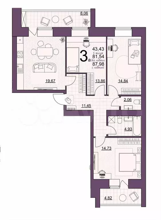 3-к. квартира, 88 м, 6/14 эт. - Фото 0