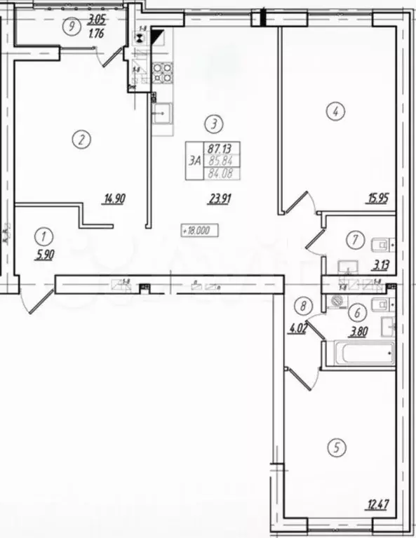 3-к. квартира, 85,8 м, 4/8 эт. - Фото 1