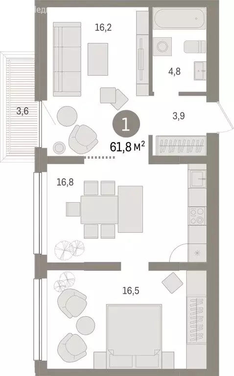 1-комнатная квартира: Тюмень, Мысовская улица, 26к1 (61.75 м) - Фото 1