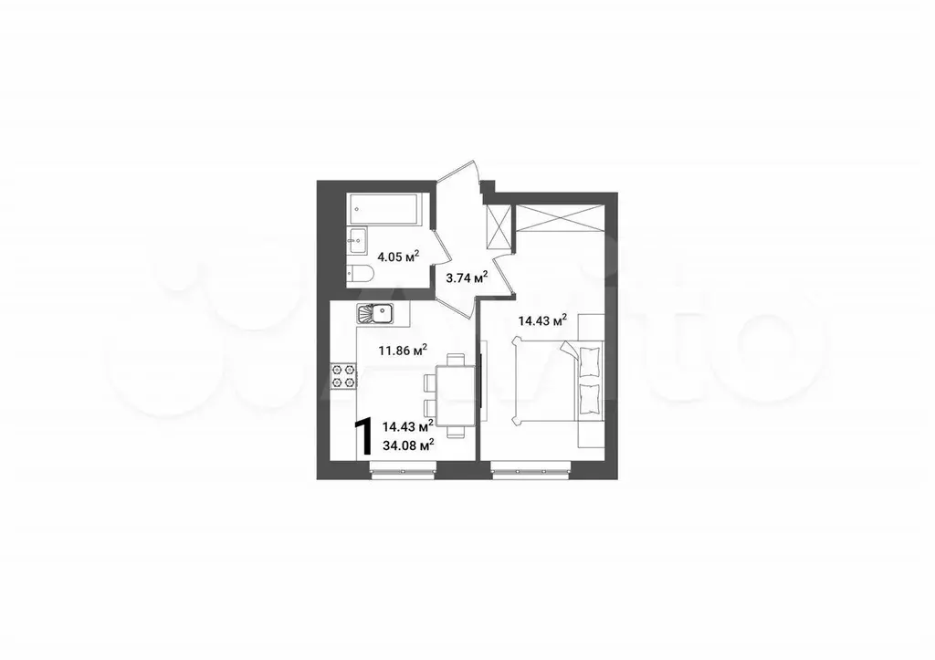 1-к. квартира, 34,3 м, 24/25 эт. - Фото 1