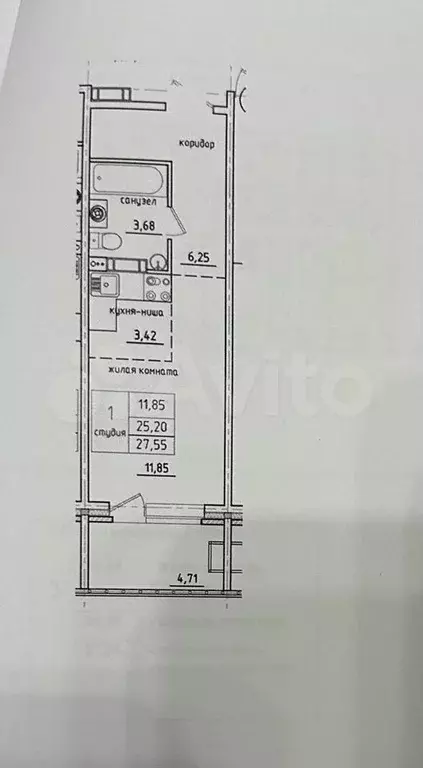 Квартира-студия, 27,6 м, 3/5 эт. - Фото 1