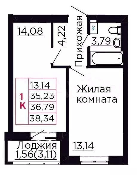 1-к. квартира, 36,8 м, 1/9 эт. - Фото 0