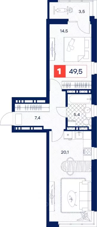 1-к кв. Тюменская область, Тюмень  (49.5 м) - Фото 0