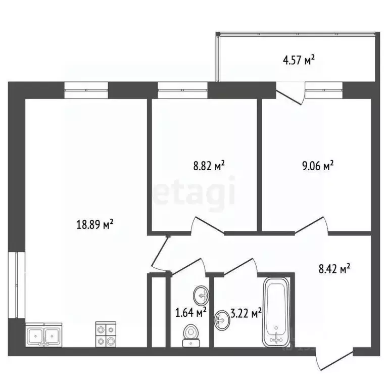 2-к кв. Томская область, Томск ул. Войкова, 47/1 (55.0 м) - Фото 2