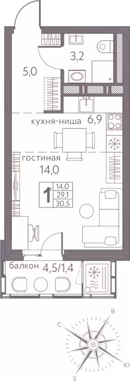 Студия Пермский край, Пермь ул. Серебристая, 3А (30.5 м) - Фото 0