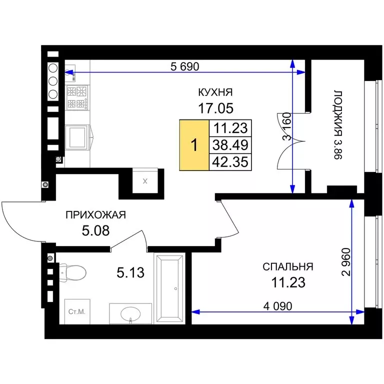 1-комнатная квартира: Гурьевск, жилой комплекс Включи (42.35 м) - Фото 1