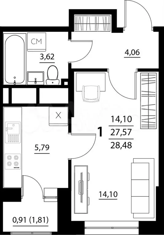 1-к. квартира, 28,5 м, 4/5 эт. - Фото 1