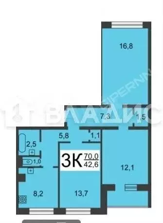 3-к. квартира, 71,9 м, 6/9 эт. - Фото 0