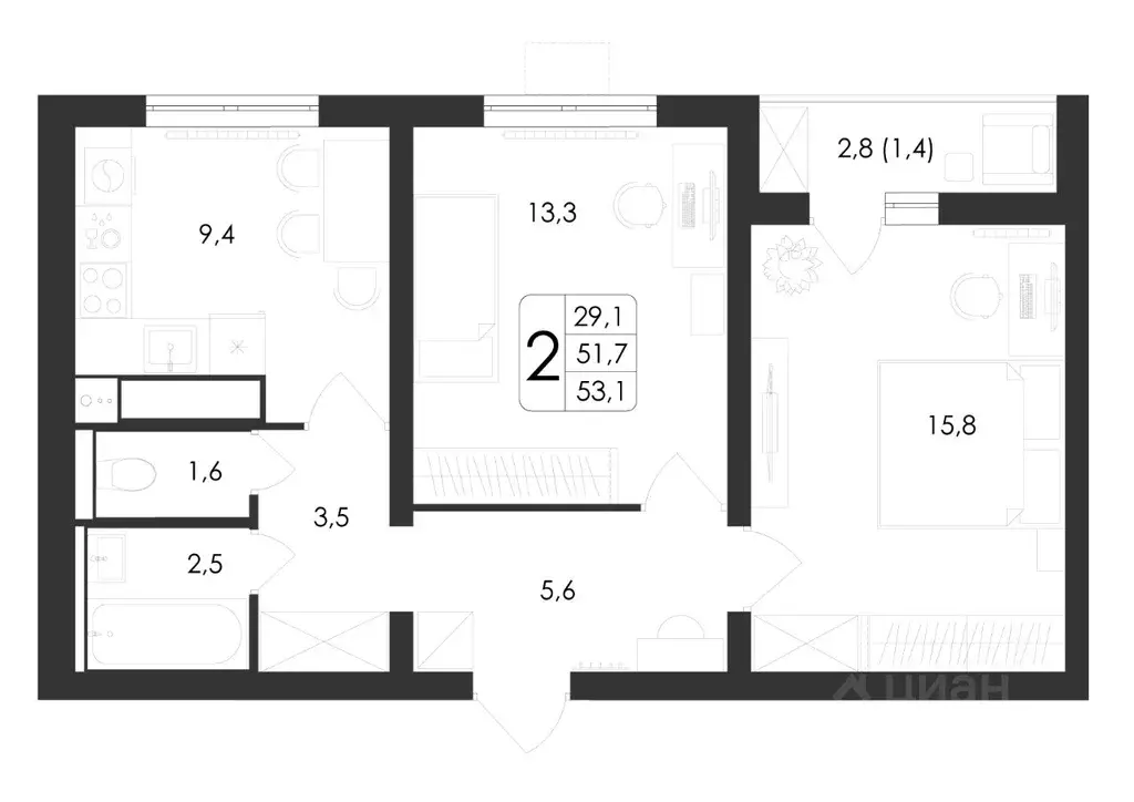 2-к кв. Воронежская область, Воронеж ул. Загоровского, 5/4 (53.1 м) - Фото 0