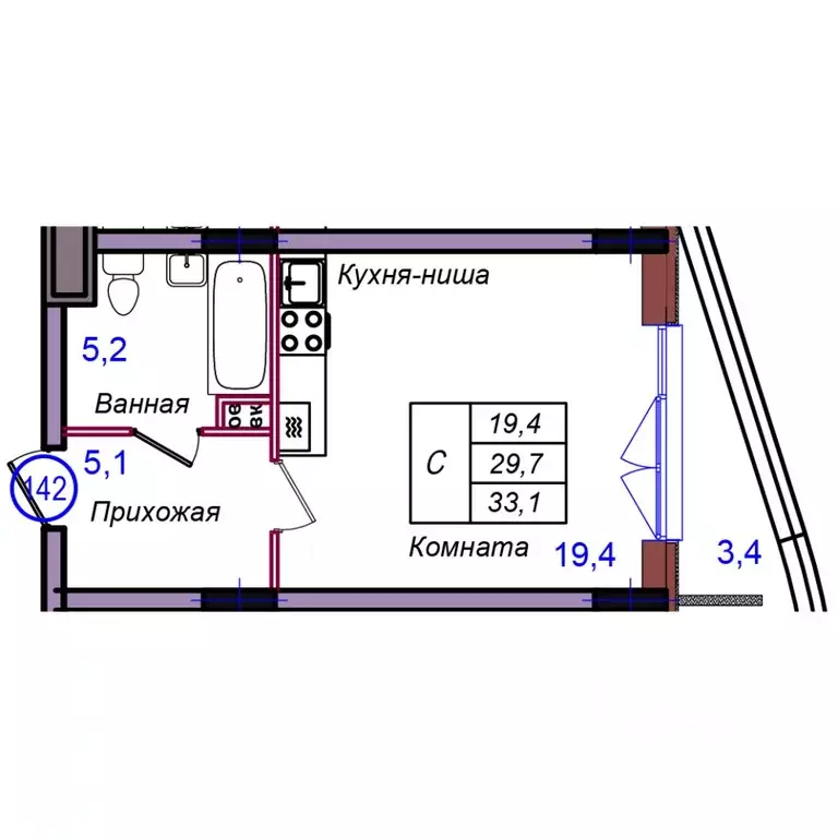 Студия Калининградская область, Светлогорск Балтийская ул. (33.1 м) - Фото 1