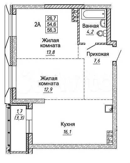 2-к. квартира, 56,3 м, 6/30 эт. - Фото 0