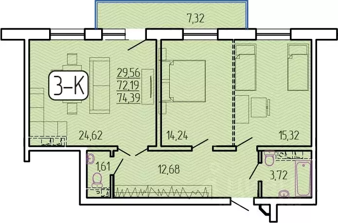 3-к кв. Бурятия, Улан-Удэ 140А мкр,  (74.39 м) - Фото 1