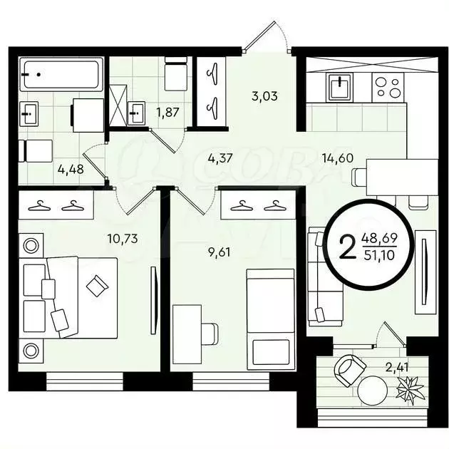 2-к. квартира, 52 м, 2/4 эт. - Фото 0