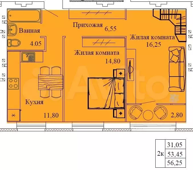2-к. квартира, 56,3 м, 1/3 эт. - Фото 0