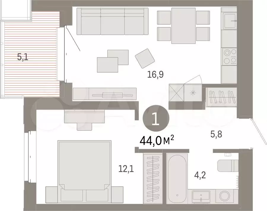 1-к. квартира, 44 м, 4/11 эт. - Фото 1