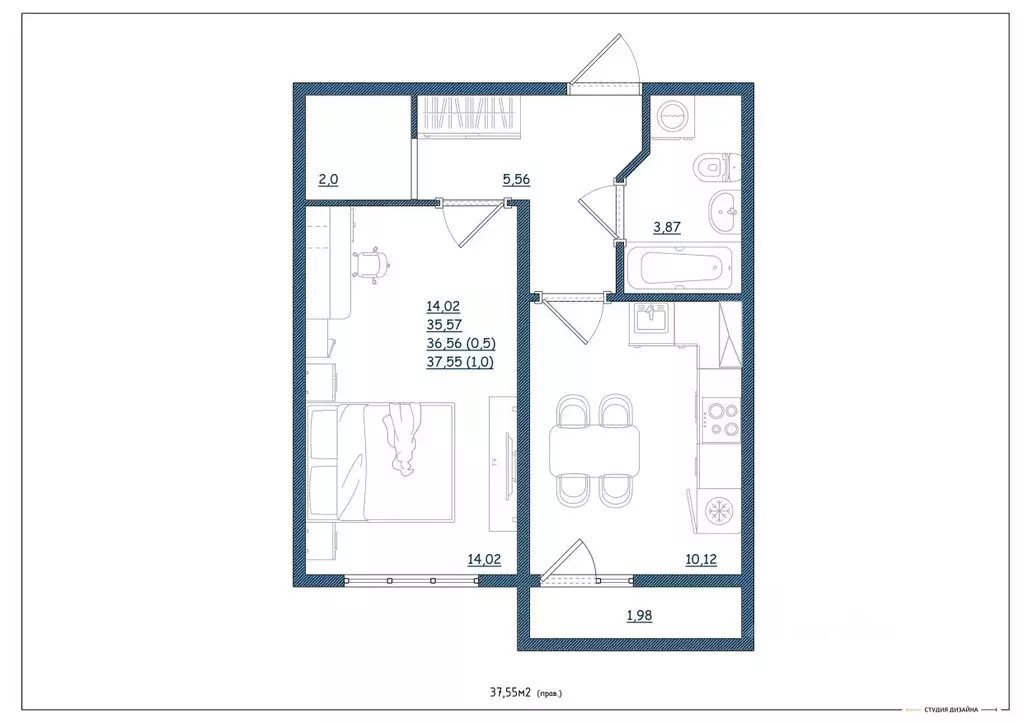 1-к кв. Тверская область, Тверь Новочеркасская ул., 48 (37.55 м) - Фото 1