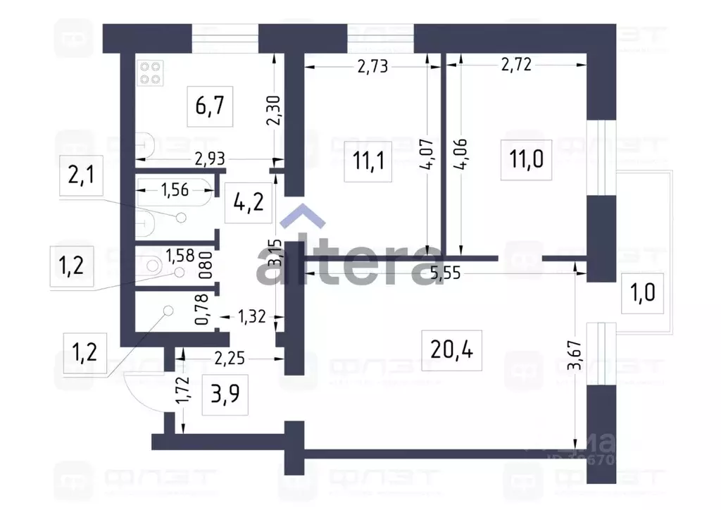 3-к кв. Татарстан, Казань ул. Латышских Стрелков, 1/38 (61.8 м) - Фото 2