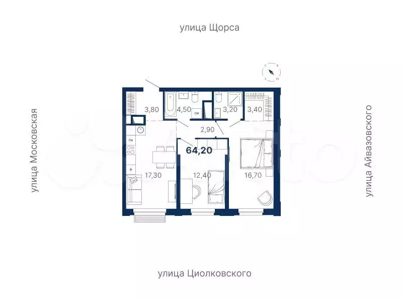 2-к. квартира, 64,2 м, 22/33 эт. - Фото 0